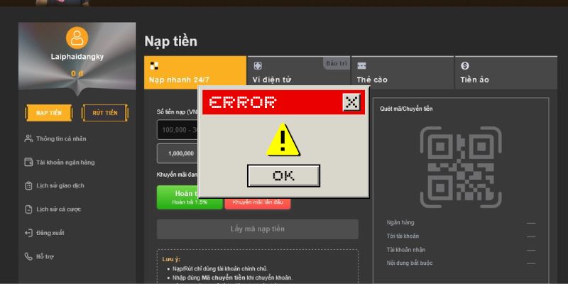Lỗi khóa chức năng nạp tiền sau khi đăng ký tài khoản